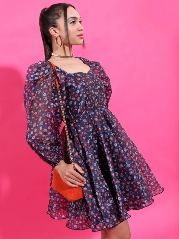 Tokyo Talkies Women Navy Blue Printed Fit And Flare Dress