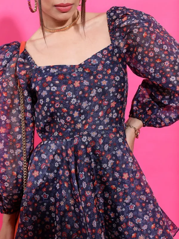 Tokyo Talkies Women Navy Blue Printed Fit And Flare Dress