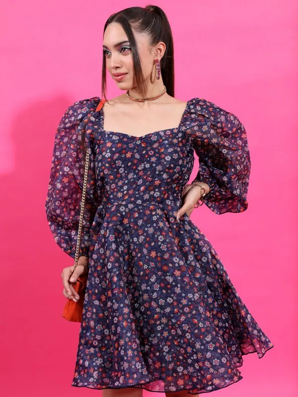 Tokyo Talkies Women Navy Blue Printed Fit And Flare Dress