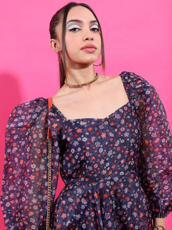 Tokyo Talkies Women Navy Blue Printed Fit And Flare Dress