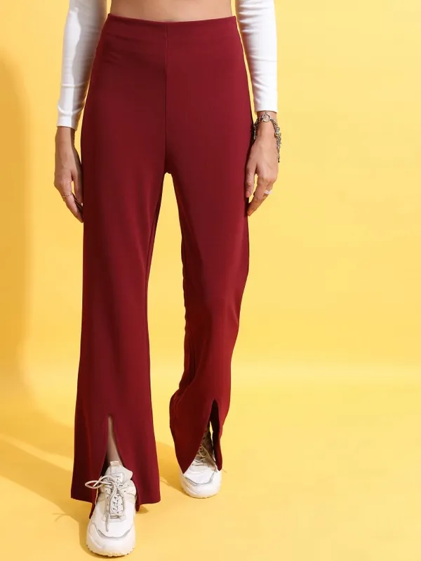  Tokyo Talkies Women Maroon Solid Regular Fit Casual Trousers