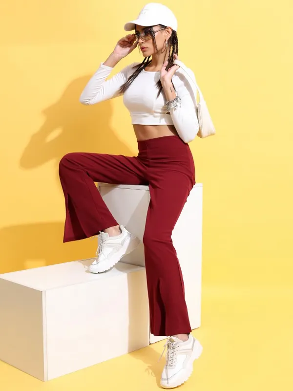  Tokyo Talkies Women Maroon Solid Regular Fit Casual Trousers