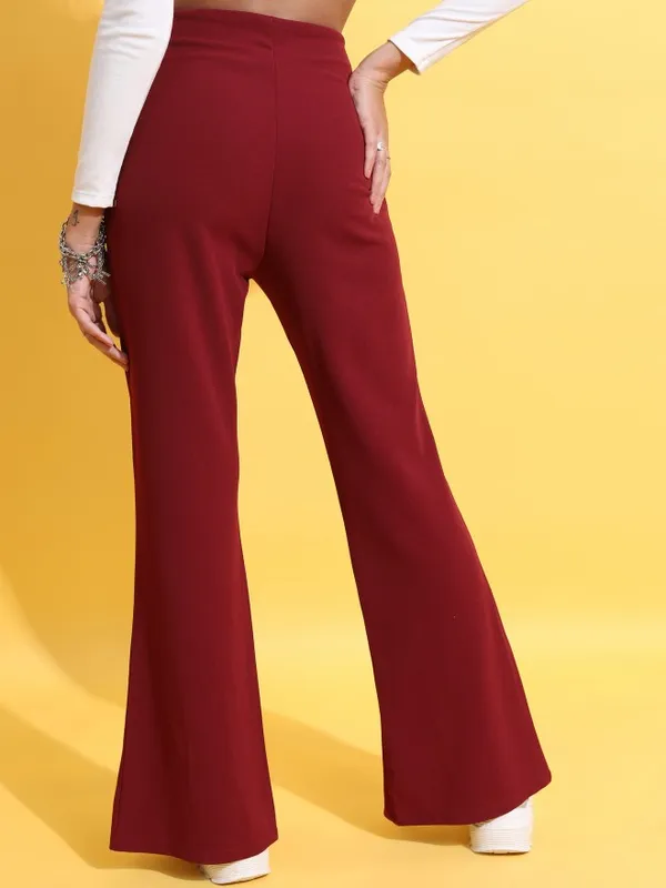  Tokyo Talkies Women Maroon Solid Regular Fit Casual Trousers