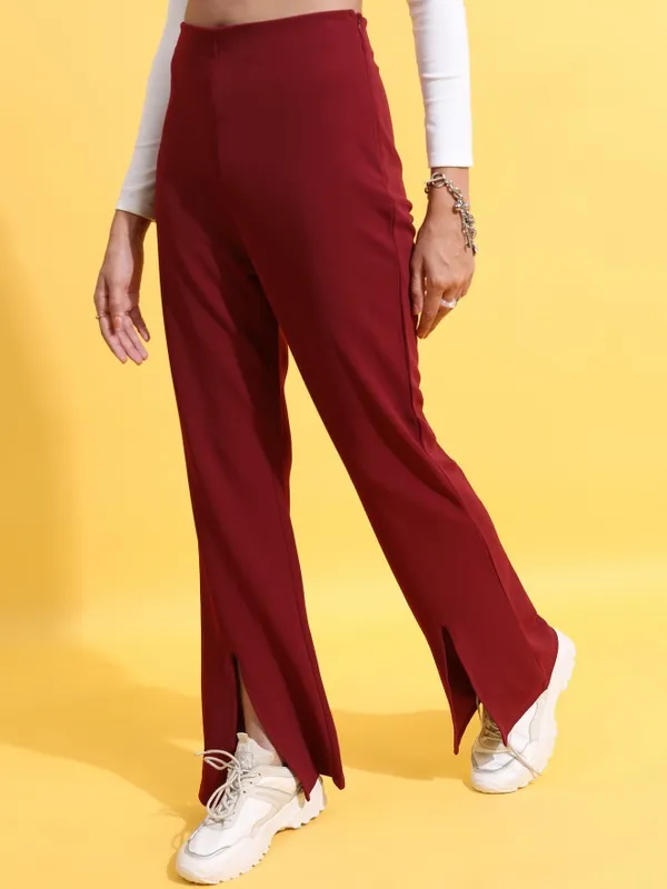  Tokyo Talkies Women Maroon Solid Regular Fit Casual Trousers