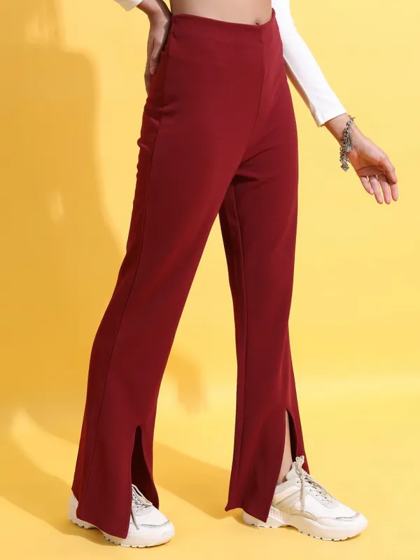  Tokyo Talkies Women Maroon Solid Regular Fit Casual Trousers
