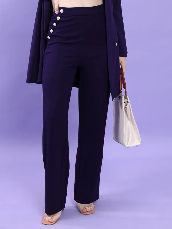  Tokyo Talkies Women Navy Blue Solid Flared Casual Trousers