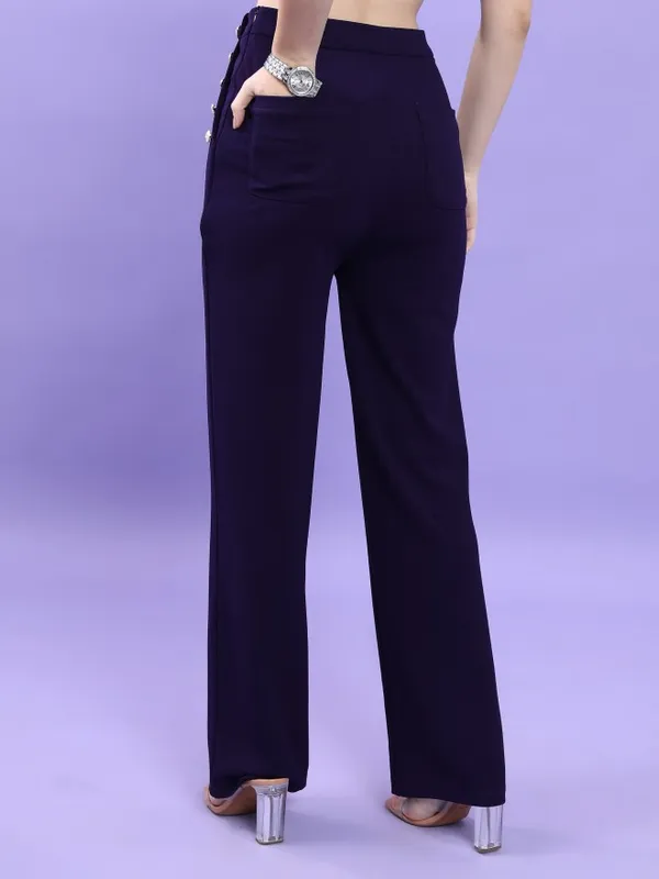  Tokyo Talkies Women Navy Blue Solid Flared Casual Trousers