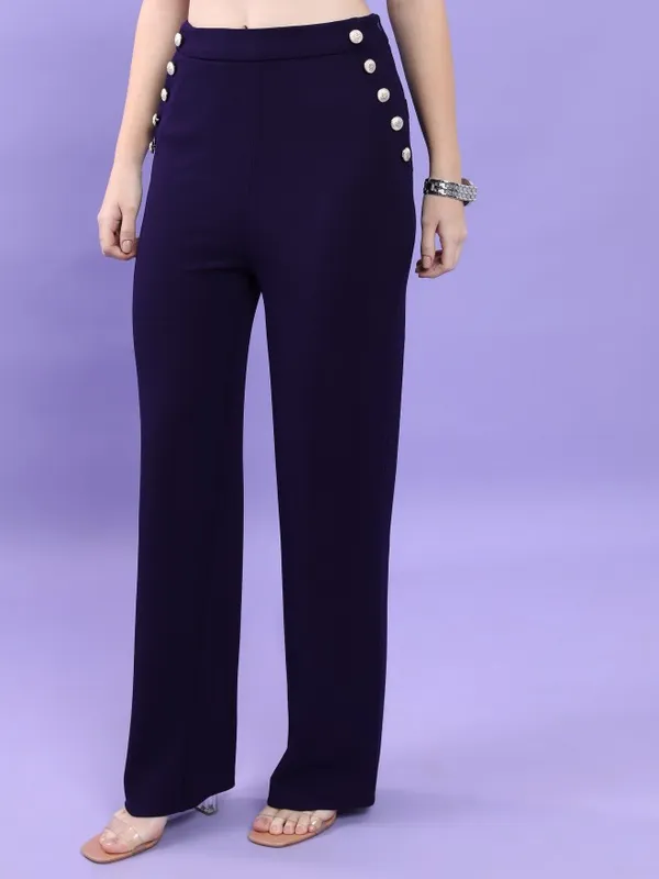  Tokyo Talkies Women Navy Blue Solid Flared Casual Trousers