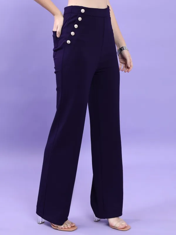  Tokyo Talkies Women Navy Blue Solid Flared Casual Trousers
