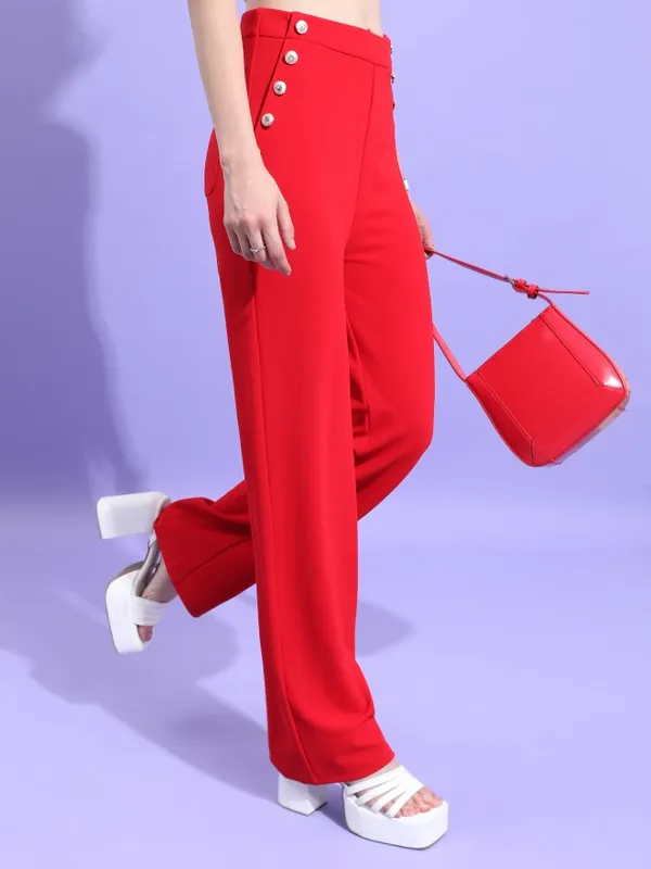  Tokyo Talkies Women Red Solid Flared Casual Trousers