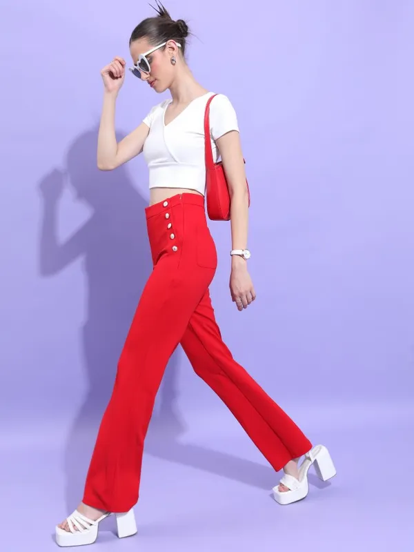  Tokyo Talkies Women Red Solid Flared Casual Trousers