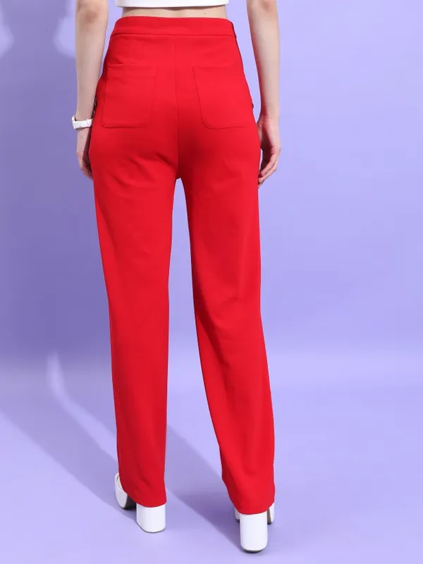  Tokyo Talkies Women Red Solid Flared Casual Trousers