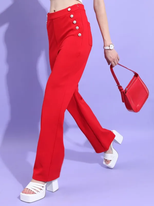  Tokyo Talkies Women Red Solid Flared Casual Trousers