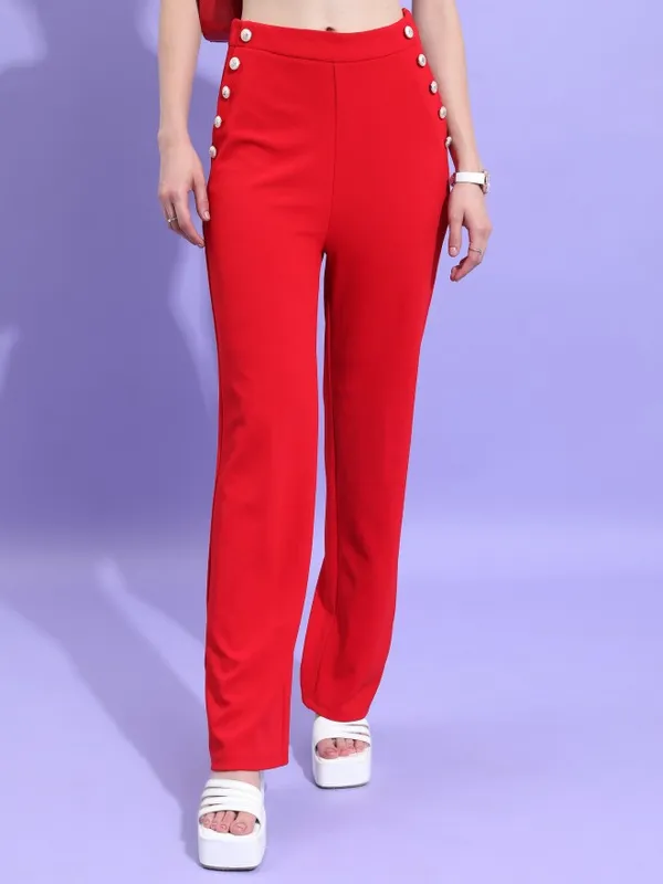  Tokyo Talkies Women Red Solid Flared Casual Trousers