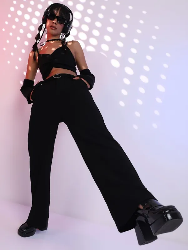  Tokyo Talkies Women Black Solid Flared Casual Trousers