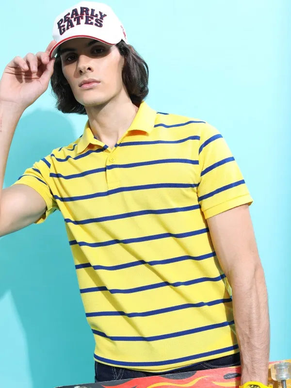  Highlander Men Yellow Striped Polo Collar Polo T-Shirts