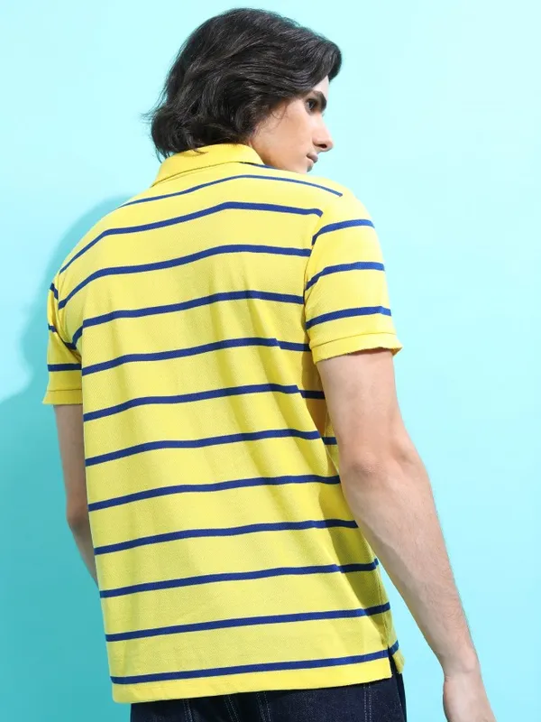  Highlander Men Yellow Striped Polo Collar Polo T-Shirts
