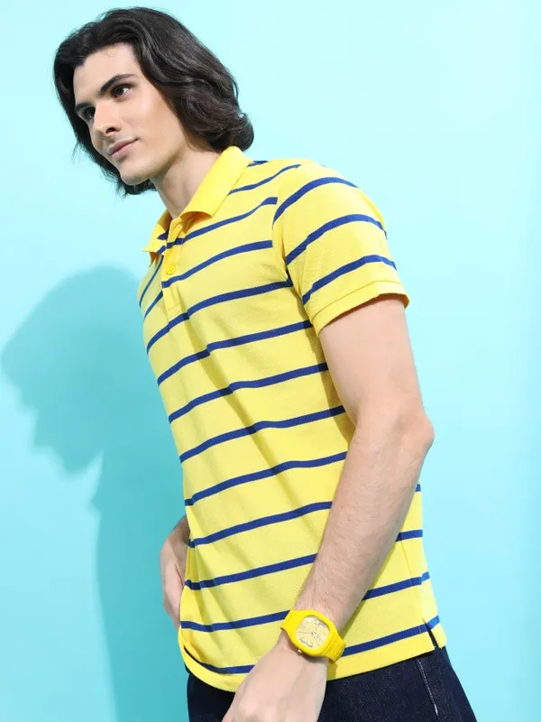  Highlander Men Yellow Striped Polo Collar Polo T-Shirts