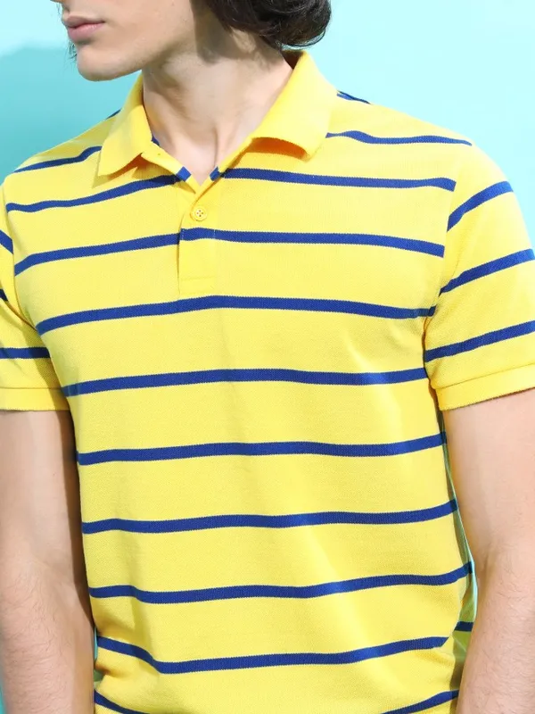  Highlander Men Yellow Striped Polo Collar Polo T-Shirts