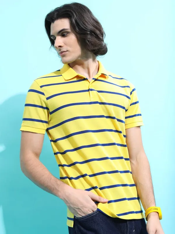  Highlander Men Yellow Striped Polo Collar Polo T-Shirts