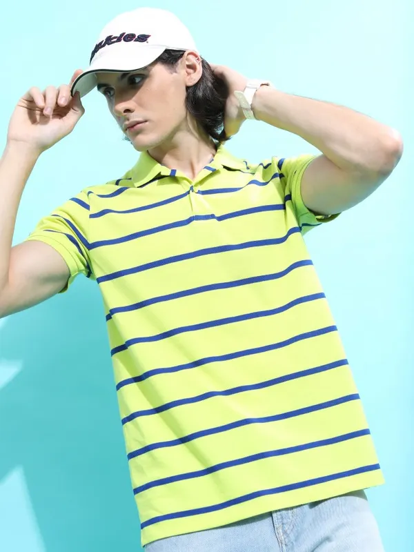  Highlander Men Green Striped Polo Collar Polo T-Shirts
