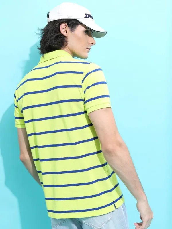  Highlander Men Green Striped Polo Collar Polo T-Shirts