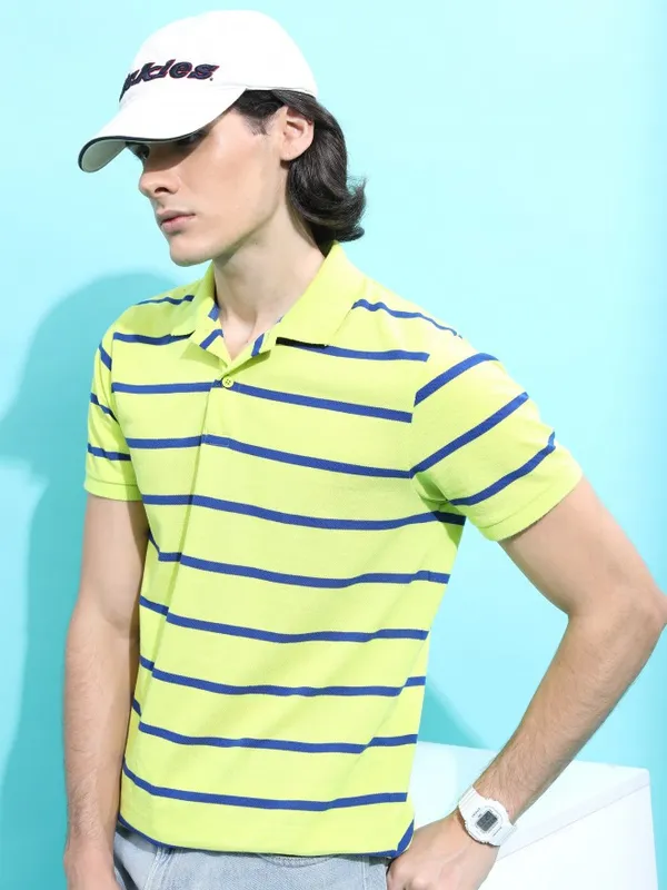  Highlander Men Green Striped Polo Collar Polo T-Shirts