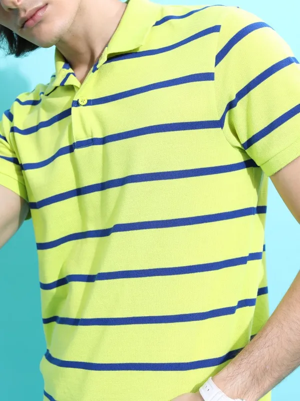  Highlander Men Green Striped Polo Collar Polo T-Shirts