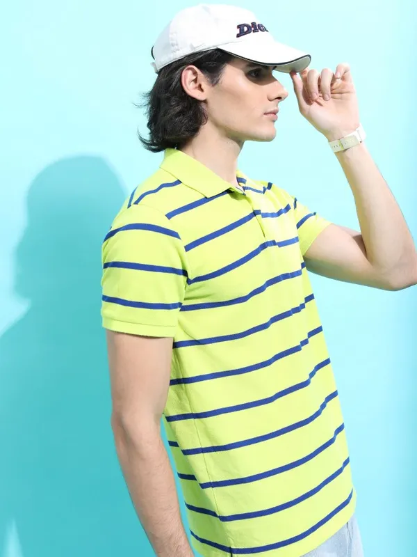  Highlander Men Green Striped Polo Collar Polo T-Shirts