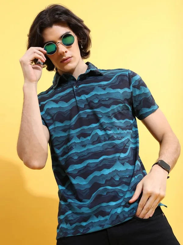  Ketch Men Teal Printed Polo Collar Polo T-Shirts