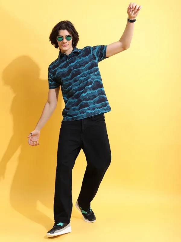  Ketch Men Teal Printed Polo Collar Polo T-Shirts