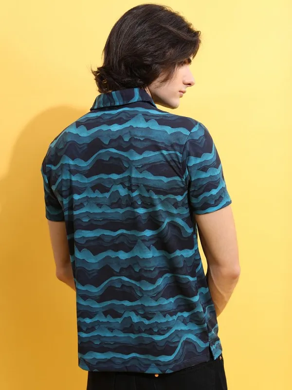  Ketch Men Teal Printed Polo Collar Polo T-Shirts