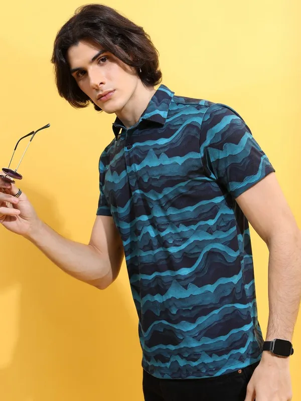  Ketch Men Teal Printed Polo Collar Polo T-Shirts