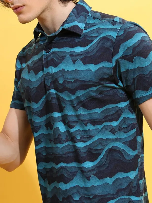  Ketch Men Teal Printed Polo Collar Polo T-Shirts
