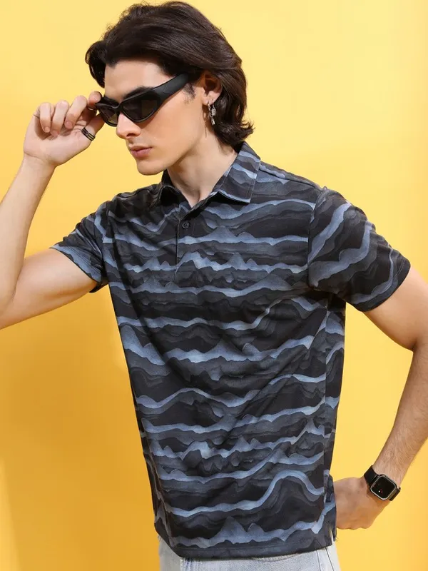  Ketch Men Black Printed Polo Collar Polo T-Shirts