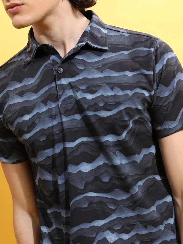 Ketch Men Black Printed Polo Collar Polo T-Shirts