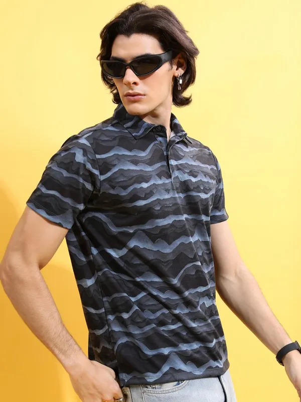  Ketch Men Black Printed Polo Collar Polo T-Shirts