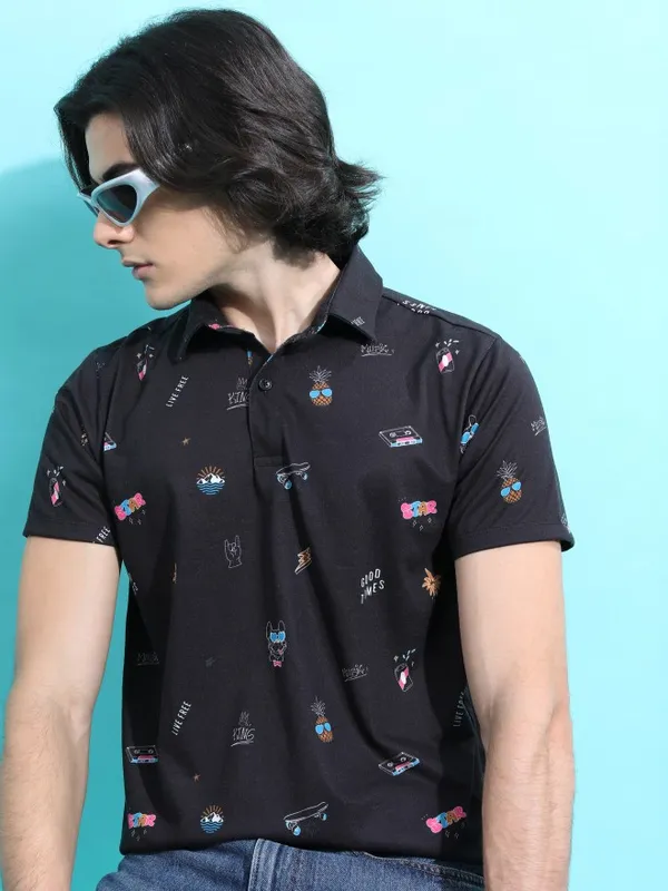  Ketch Men Black Printed Polo Collar Polo T-Shirts