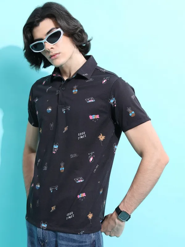  Ketch Men Black Printed Polo Collar Polo T-Shirts