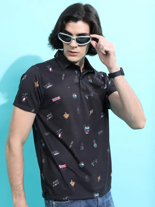  Ketch Men Black Printed Polo Collar Polo T-Shirts