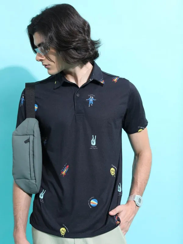  Ketch Men Black Printed Polo Collar Polo T-Shirts