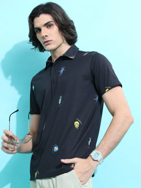  Ketch Men Black Printed Polo Collar Polo T-Shirts