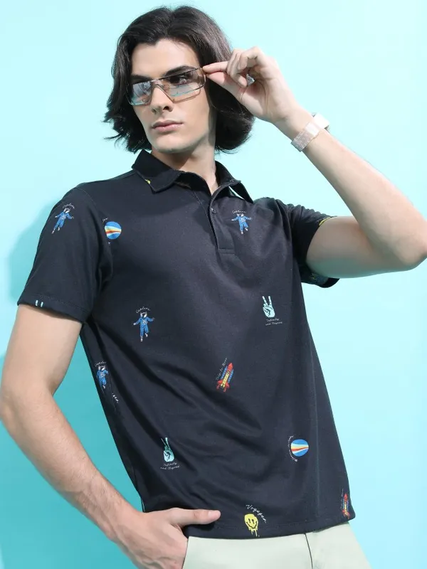  Ketch Men Black Printed Polo Collar Polo T-Shirts