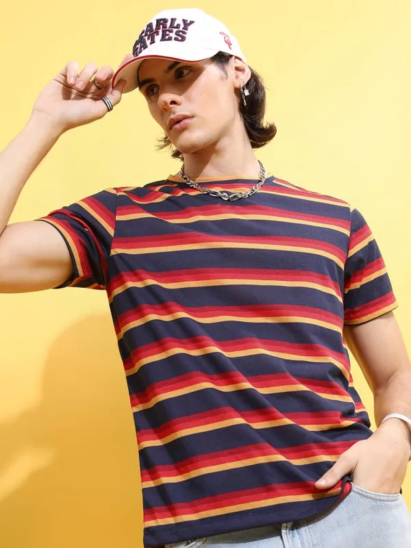  Ketch Men Navy Blue Striped Round Neck T-Shirts