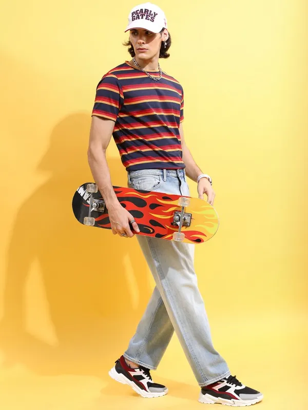  Ketch Men Navy Blue Striped Round Neck T-Shirts