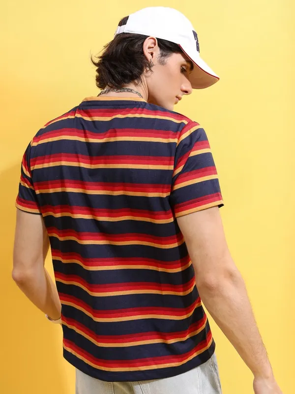  Ketch Men Navy Blue Striped Round Neck T-Shirts
