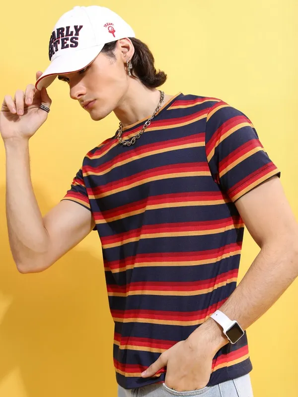  Ketch Men Navy Blue Striped Round Neck T-Shirts