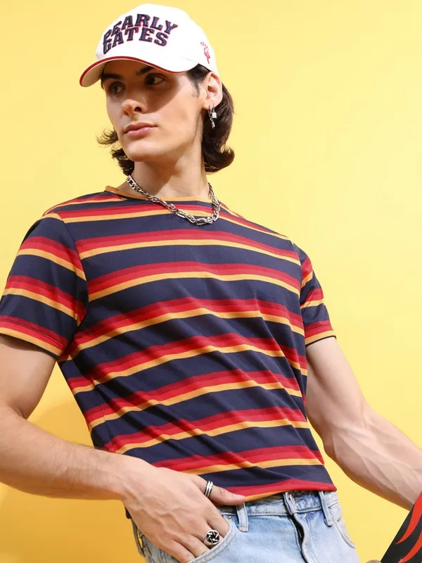  Ketch Men Navy Blue Striped Round Neck T-Shirts