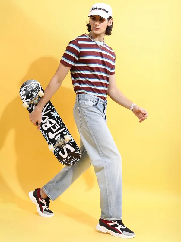 Ketch Men Maroon Striped Round Neck T-Shirts