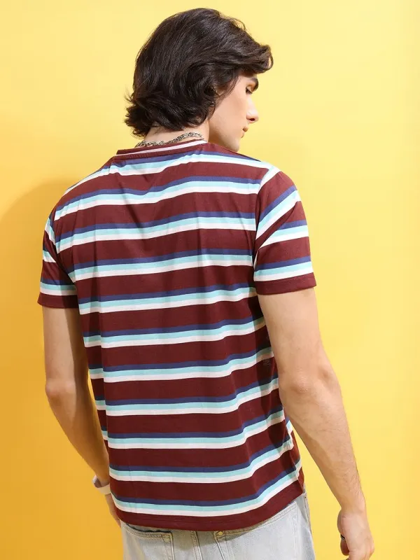  Ketch Men Maroon Striped Round Neck T-Shirts